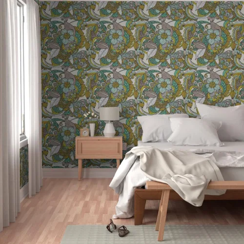 Vista 5 de Muestras de papel tapiz para despegar y pegar, mostaza, menta, flores, garabatos, líneas, puntos, círculos, estilo vintage, bohemio, papel tapiz
