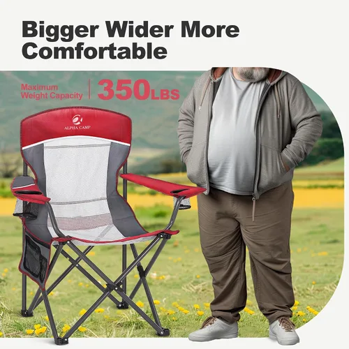 Vista 3 de LET'S CAMP Silla de campamento con respaldo de malla, portátil, plegable, resistente, soporte para exteriores, 330 libras, silla de brazo grande Rojo