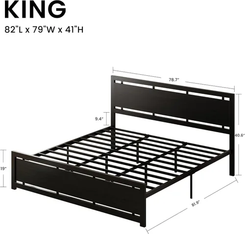 Vista 2 de LIKIMIO Base de cama tamaño King con cabecero y estribo Negro