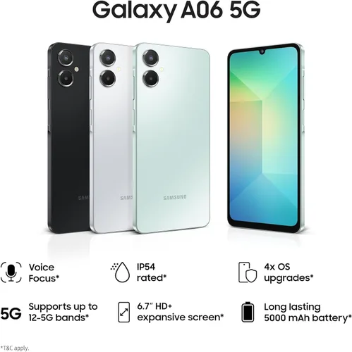 Vista 2 de Samsung Galaxy A06 5G 128GB, 2025 IP54 resistente a salpicaduras, pantalla de 6.7 pulgadas 90Hz, Android 15, modelo internacional desbloqueado