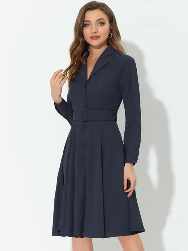 Vista 2 de Allegra K Vestido de trabajo para mujer, con cuello de solapa, cinturón y botones hasta la rodilla