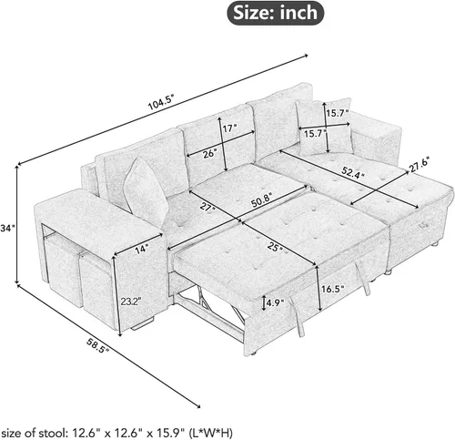 Vista 2 de P PURLOVE Sofá modular con sofá cama extraíble, sofá cama de felpilla en forma de L de 3 plazas con ruedas, diván de almacenamiento y 2 taburetes