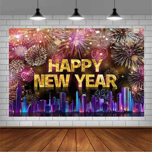 Vista 3 de AIBIIN Telón de fondo de 7 x 5 pies con texto en inglés «Happy New Year» 2026, noche de la ciudad, víspera de Año Nuevo, grandiosos fuegos Fuegos
