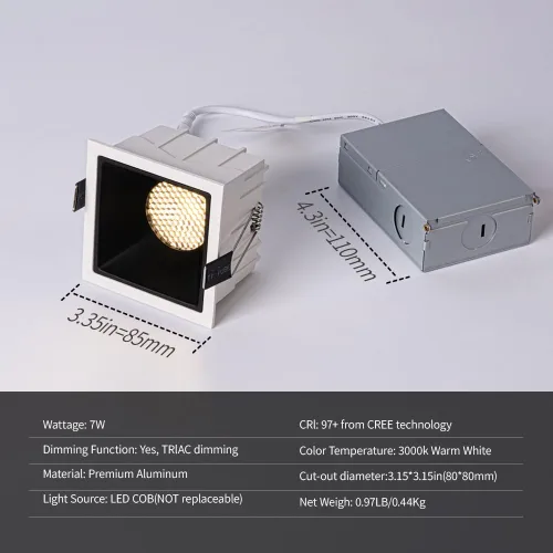 Vista 2 de Aisilan - Iluminación empotrable cuadrada, regulable de 7 W, 3 pulgadas, luces LED empotrables con caja de conexiones, luz LED descendente