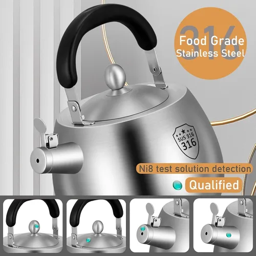 Vista 3 de Hervidor de té, hervidor de té resistente, tetera silbante, tetera de acero inoxidable 316, parte inferior sin costuras, mango plegable, acabado