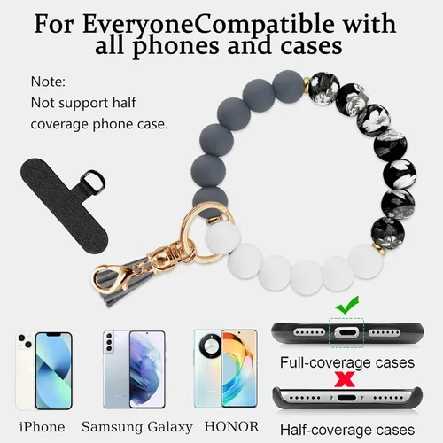 Vista 6 de Correa de silicona con cuentas para mujer, silicona sin BPA Elastic wristlet with tether tab, 12mm BPA-Free silicone beads with printed accents