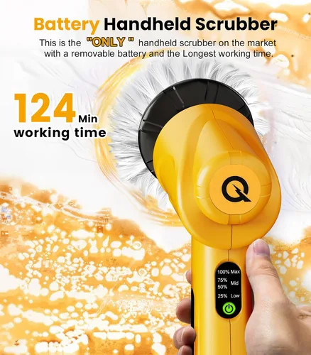 Vista 4 de qimedo Battery Electric Spin Scrubber Q4, Handheld Scrubber for Cleaning with Display, Power Dish Scrubber with 5 Heads, Shower Cordless Cleaning