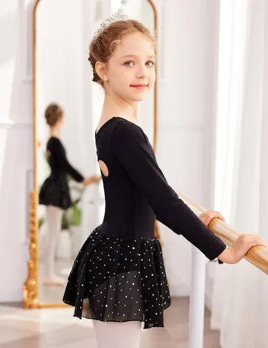 Vista 3 de Arshiner Leotardo de ballet de manga larga para niñas, con espalda hueca brillante, vestido de leotardo con falda de baile