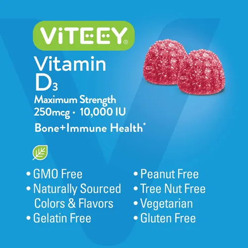 Vista 5 de Viteey Gomitas de vitamina D3 para adultos y adolescentes, 10,000 UI, 250 mcg, máxima fuerza, salud de las articulaciones y los músculos, refuerzo