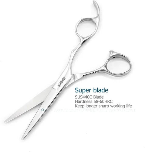 Vista 3 de Tijeras profesionales para el cabello de 5.5 pulgadas, tijeras de corte de pelo de peluquería 440C, tijeras de pelo con agujero ciego borde convexo