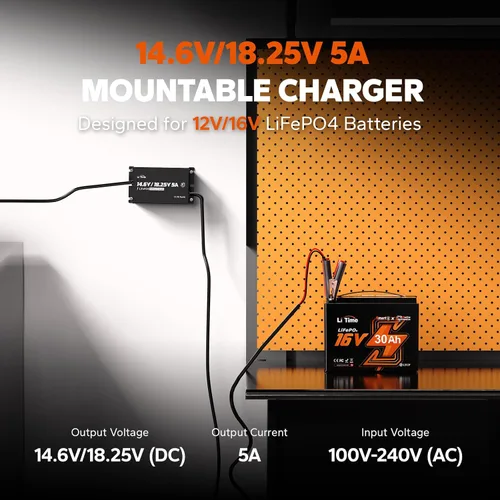 Vista 2 de LiTime Cargador de batería de litio de 12V 16V 5A, cargador impermeable de CA a CC LiFePO4 con voltaje ajustable, activación inteligente BMS e