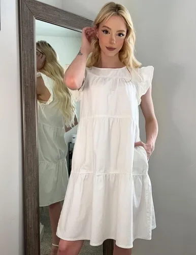 Vista 4 de luvamia Vestido de mezclilla 2025 para mujer, estilo babydoll de verano, sin mangas, manga con volantes, vestido plisado suelto con vuelo