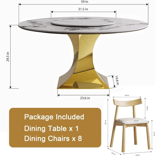 Vista 4 de Juego de mesa de comedor redonda de 9 piezas, moderna mesa de cocina de piedra sinterizada de 59 pulgadas con plato giratorio redondo de 31.5