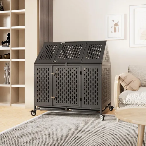 Vista 7 de Jaula para perros resistente de 44 pulgadas con 4 ruedas, perrera indestructible a prueba de escapes con cerraduras de refuerzo y puerta doble