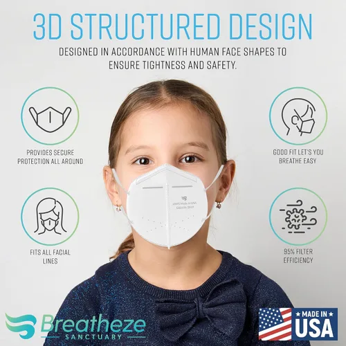 Vista 4 de Breatheze Máscara KN95 para niños, mascarillas KN95 para niños, registradas por la FDA, fabricadas en Estados Unidos