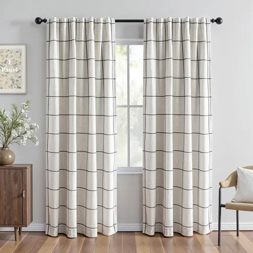 Vista 28 de MYSKY HOME Cortinas de Lino a Cuadros 100% Opacas de 45 Pulgadas de Largo de Doble Capa Estilo Granja con Aislamiento Térmico Estampado a Cuadros