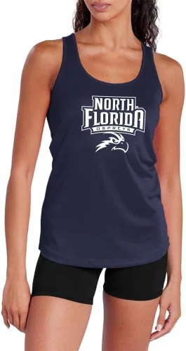Vista 411 de Camiseta deportiva sin mangas oficial de NCAA Collegiate para mujer, con espalda cruzada, colección con logotipo primario