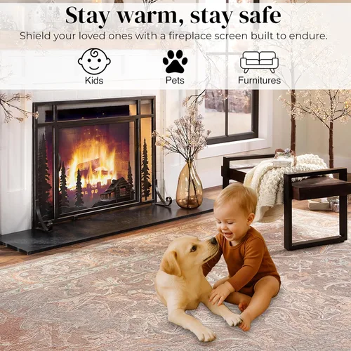 Vista 4 de Plow & Hearth - pantalla para chimenea de acero y metal con puerta, 44 נ12.5 נ33 pulgadas, negra