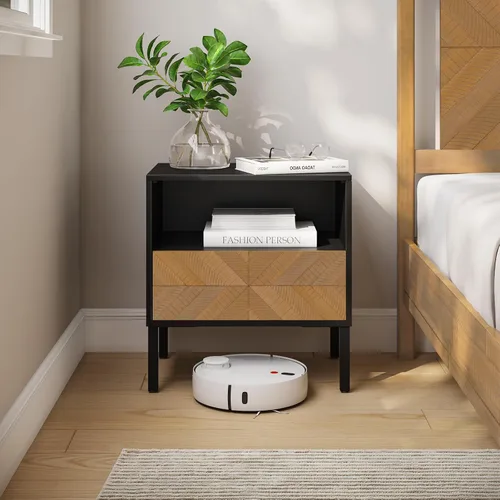 Vista 14 de Bme Vivian Mesas auxiliares para dormitorio, mesa de noche de madera maciza, mesa auxiliar moderna de mediados de siglo con cajón, patrón de espiga