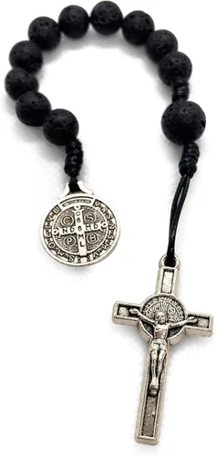 Vista 2 de Rosario de bolsillo de oración católica Medalla de San Benito Perlas de lava negra San Benito Tenner Estilo Abierto Rosario de una década, Zinc, No
