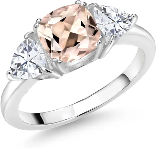 Vista 31 de 925 Sterling Silver Gemstone Birthstone and White Moissanite 3-Stone Engagement Ring for Women 7MM Cushion and 5MM Trillion Accents Three Stone