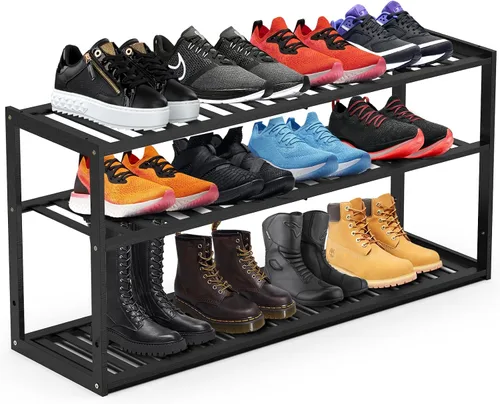 Vista 11 de Jripae Zapatero de bambú para entrada, estante organizador de zapatos apilable de 3 niveles, almacenamiento para 9-12 pares de zapatos, soporte