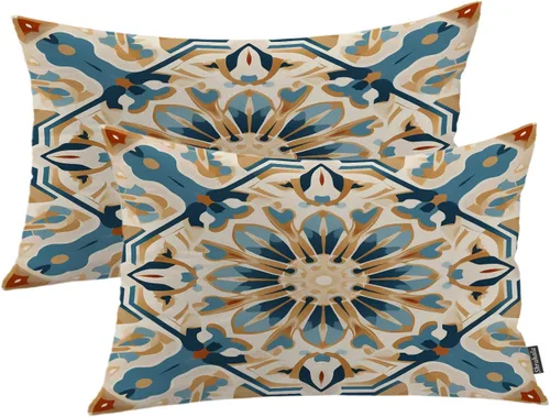 Vista 96 de Shrahala Juego de 2 fundas de almohada de mandala de color beige para exteriores, cuadradas, mandala, para interiores, de lino resistente al agua