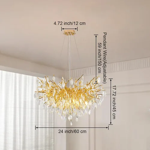 Vista 3 de Candelabro de cristal para comedor, lámpara moderna de 24 pulgadas para sala de estar, candelabros de rama de árbol dorado con 8 luces, lámpara
