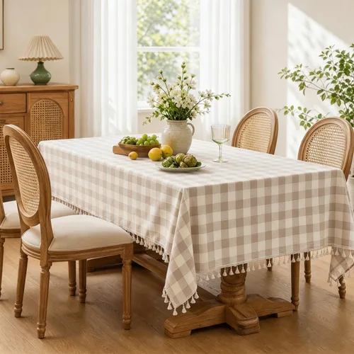 Vista 3 de JIALE - Mantel cuadrado de lino de algodón de cuadros Gingham con borlas, lavable, sin arrugas, mantel a cuadros de búfalo para fiesta al aire Beige