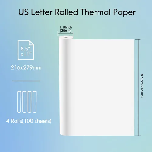 Vista 2 de JADENS Papel de impresora térmica de secado rápido tamaño carta de EE.UU. 8.5''x11'', 4 rollos, compatible con impresora portátil Gloryang & JADENS