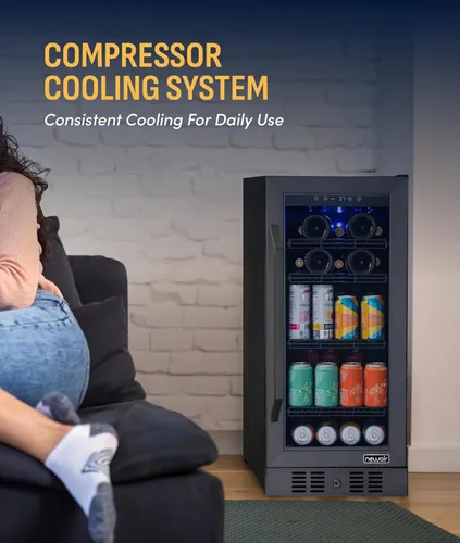 Vista 6 de NewAir Refrigerador de bebidas y vino de zona única de 15 pulgadas, refrigerador de bebidas y vino para 33 botellas/80 latas, mini refrigerador