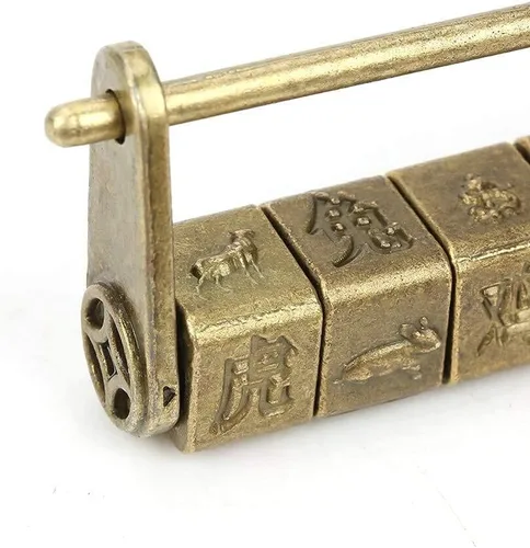 Vista 7 de Candado de combinación, bloqueo de código, cerradura de contraseña antigua, vintage, exquisitos personajes chinos, candado del zodiaco