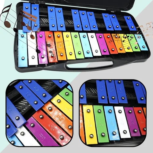 Vista 5 de Soulmate Xilófono Glockenspiel de 25 notas para niños, juguete musical colorido con teclas de metal, instrumento xilófono profesional con estuche