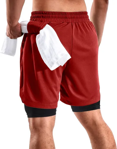 Vista 2 de FIONECA 2 in 1 Mens Shorts Casual 2 Pack, Running Gym Shorts for Men 7 Inch, Workout Shorts Men with Pockets &Towel Loop