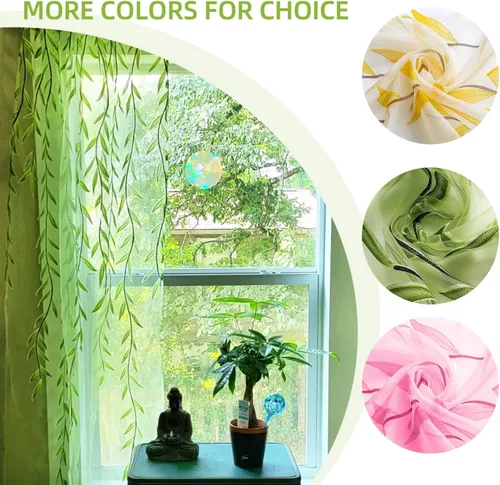 Vista 4 de BROSHAN Cortinas transparentes con diseño de bolsillo para ventana, bonito panel de cortina de vid con estampado de hojas, paneles de cortina