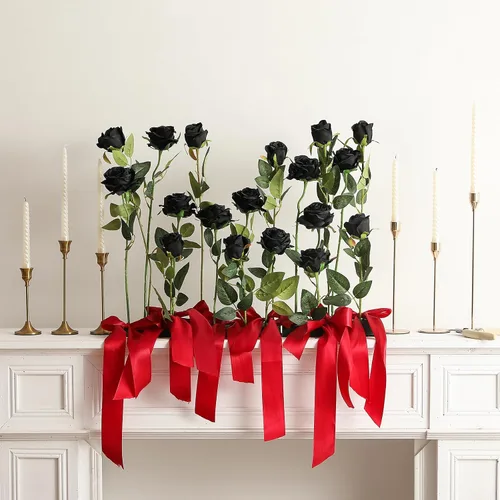 Vista 3 de Hawesome - Ramo de 12 rosas artificiales de seda con tallo largo para decoración del hogar, boda, fiesta (Negro-1)