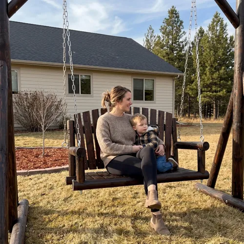 Vista 2 de 3.5 FT Rustic Log Wooden Porch Swing, Heavy-Duty 900 LBS, Outdoor Hanging Bench for Patio, Garden, Yard – Solid Fir Wood, Handcrafted