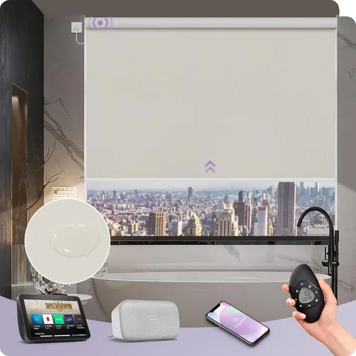Vista 8 de Graywind Persianas enrollables motorizadas 100% opacas compatibles con Alexa Google, de vinilo, impermeables, inalámbricas, control remoto A-Beige