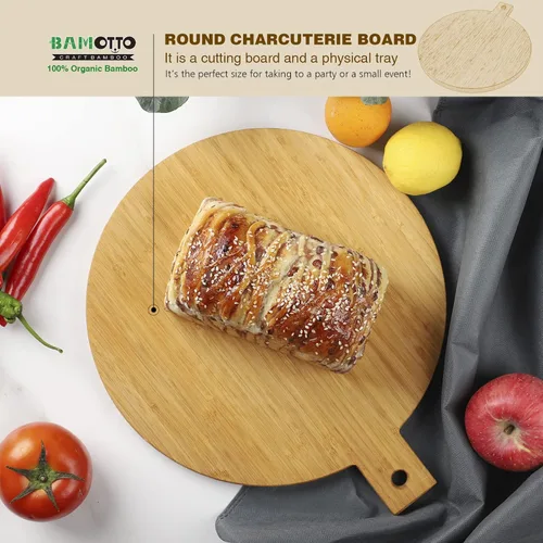 Vista 4 de BAMOTTO CRAFTBAMBOO Tabla de cortar redonda 100% bambú con mango de 13 x 11 x 0.63 pulgadas, tabla de charcutería decorativa para colgar, bandeja