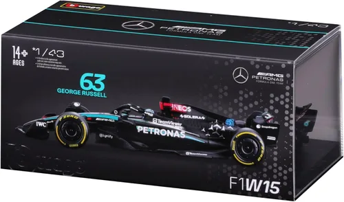 Vista 9 de Bburago 1:43 Scale 2024 Formula Race Mercedes W15 Vehículo fundido a presión con casco, Russell # 63