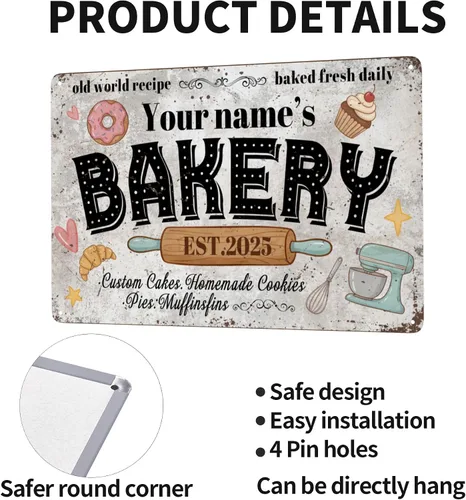 Vista 3 de Letrero de metal personalizado para panadería, panadería, panadería, decoración de pan fresco, tartas rústicas diarias, decoración de tartas, placa