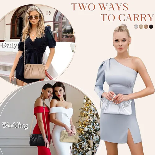 Vista 7 de VASCHY Bolso de mano para mujer, de cuero vegano fruncido, pequeño, formal, de noche, bolso cruzado al hombro, boda, fiesta