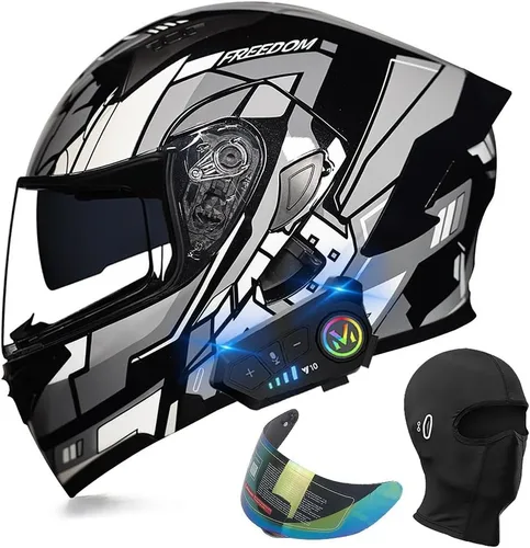 Vista 17 de Casco de motocicleta modular con Bluetooth, aprobado por DOT, casco de cara completa abatible, con visera doble, altavoces duales y micrófono