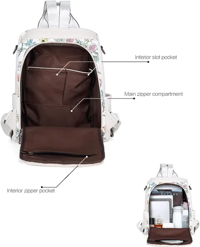Vista 4 de Bromen - Mochila tipo bolso de mano de piel antirrobo para mujer a la moda, Beige floral, L