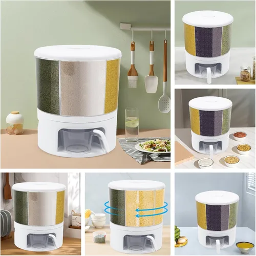 Vista 7 de Dispensador de cereales, Dispensador de grano giratorio de 360 ° de 6 rejillas, Dispensador de arroz transparente de tamaño de compartimento 24