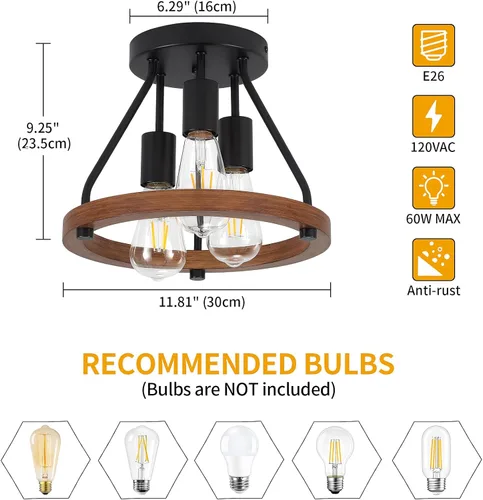 Vista 5 de Lámpara de techo moderna de granja de madera semiempotrada, accesorios de iluminación de pasillo y entrada, lámpara de techo industrial rústica de 3