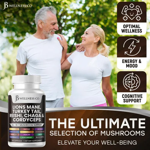 Vista 4 de JB Wellness Co Suplemento de melena de león, apoyo cognitivo, salud inmunológica con cola de pavo 20 en 1, hongo Reishi Cordyceps Chaga con raíz