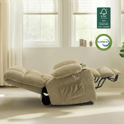 Vista 2 de MCombo Silla reclinable eléctrica de motor dual con masaje y calor para personas mayores, posición infinita, puertos USB, portavasos, tela 7890 Beige