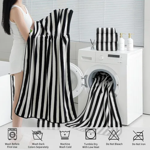 Vista 6 de Juego de 18 toallas de baño de rayas color blanco y negro con lazo para colgar, 6 toallas de baño, 6 toallas de mano, 6 toallas familiares, juego