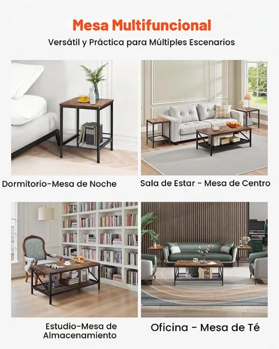 Vista 9 de VEVOR Juego de 3 mesas para sala de estar, mesa de café industrial de 41.3 pulg con 2 mesas auxiliares cuadradas, juego de mesas de café